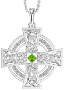 Large Diamond Peridot Silver Celtic Cross Necklace