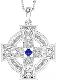 Large Diamond Sapphire Silver Celtic Cross Necklace