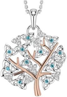 Aquamarine Rose Gold Silver Celtic Tree of Life Trinity Knot Necklace