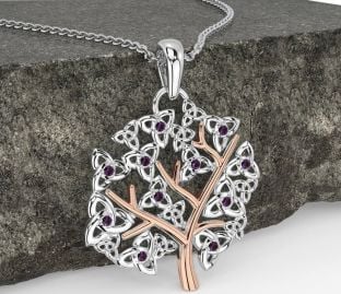 Alexandrite Rosa Ouro Prata céltico Árvore de Vida Trindade Nó Colar