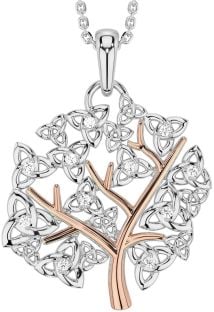 Diamond Rose Gold Silver Celtic Tree of Life Trinity Knot Necklace