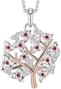 Ruby Rose Gold Silver Celtic Tree of Life Trinity Knot Necklace