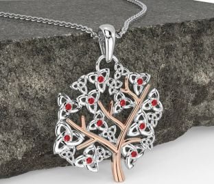 Ruby Rose Gold Silver Celtic Tree of Life Trinity Knot Necklace