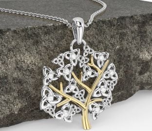 Diamond Gold Silver Celtic Tree of Life Trinity Knot Necklace