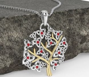 Ruby Gold Silver Celtic Tree of Life Trinity Knot Necklace