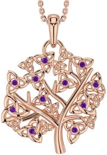 Amethyst Rose Gold Silver Celtic Tree of Life Trinity Knot Necklace