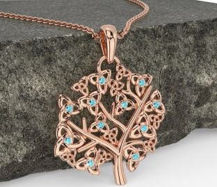 Aquamarine Rose Gold Silver Celtic Tree of Life Trinity Knot Necklace