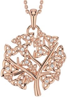 Diamond Rose Gold Silver Celtic Tree of Life Trinity Knot Necklace