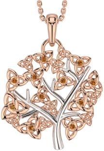 Citrine Rose Gold Silver Celtic Tree of Life Trinity Knot Necklace