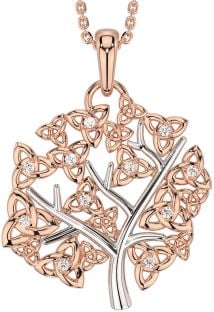 Diamond Rose Gold Silver Celtic Tree of Life Trinity Knot Necklace