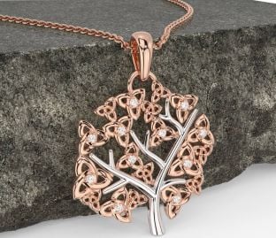 Diamond Rose Gold Silver Celtic Tree of Life Trinity Knot Necklace