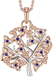 Sapphire Rose Gold Silver Celtic Tree of Life Trinity Knot Necklace