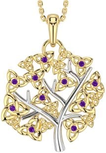 Amethyst Gold Silver Celtic Tree of Life Trinity Knot Necklace