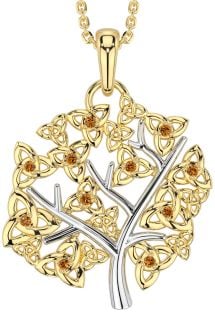 Citrine Gold Silver Celtic Tree of Life Trinity Knot Necklace