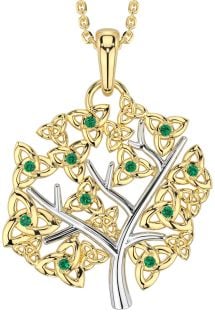 Emerald Gold Silver Celtic Tree of Life Trinity Knot Necklace