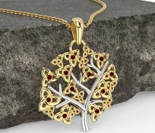Garnet Gold Silver Celtic Tree of Life Trinity Knot Necklace