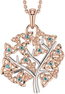 Aquamarine White Rose Gold Celtic Tree of Life Trinity Knot Necklace