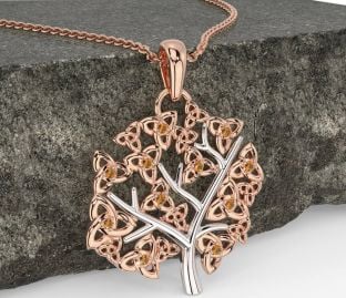 Citrine White Rose Gold Celtic Tree of Life Trinity Knot Necklace