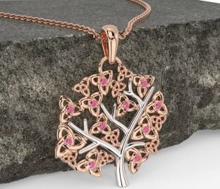 Pink Tourmaline White Rose Gold Celtic Tree of Life Trinity Knot Necklace