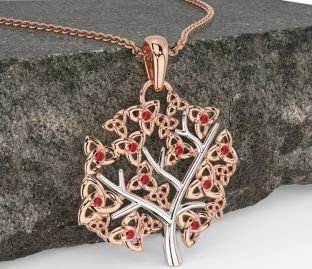Rubin Vit Reste sig Guld Keltiskt Träd av Liv Treenighet Knut Halsband