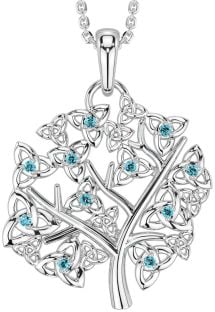 Aquamarine Silver Celtic Tree of Life Trinity Knot Necklace