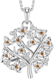 Citrine Silver Celtic Tree of Life Trinity Knot Necklace