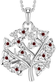 Garnet Silver Celtic Tree of Life Trinity Knot Necklace