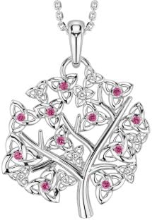 Pink Tourmaline Silver Celtic Tree of Life Trinity Knot Necklace