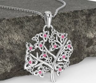 Pink Tourmaline Silver Celtic Tree of Life Trinity Knot Necklace