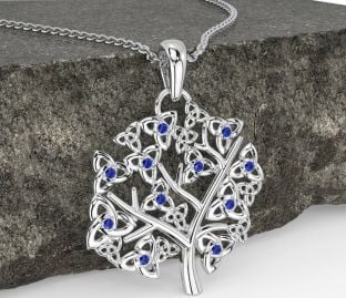Sapphire Silver Celtic Tree of Life Trinity Knot Necklace