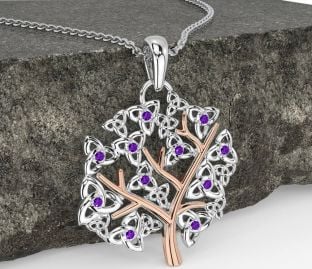 Amethyst Rose Gold Silver Celtic Tree of Life Trinity Knot Necklace