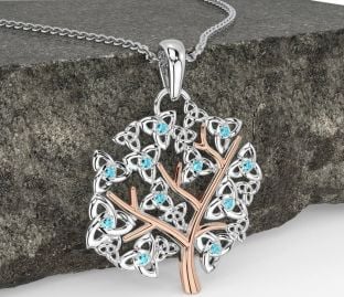 Aquamarine Rose Gold Silver Celtic Tree of Life Trinity Knot Necklace