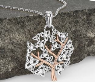 Diamond Rose Gold Silver Celtic Tree of Life Trinity Knot Necklace