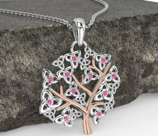 Pink Tourmaline Rose Gold Silver Celtic Tree of Life Trinity Knot Necklace