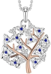 Sapphire Rose Gold Silver Celtic Tree of Life Trinity Knot Necklace