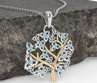 Aquamarine Gold Silver Celtic Tree of Life Trinity Knot Necklace