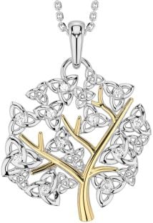 Diamond Gold Silver Celtic Tree of Life Trinity Knot Necklace