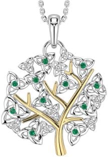 Emerald Gold Silver Celtic Tree of Life Trinity Knot Necklace