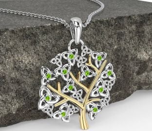 Peridot Guld Silver Keltiskt Träd av Liv Treenighet Knut Halsband