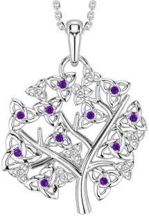 Amethyst Weiß Gold keltisch Baum von Leben Dreieinigkeit Knoten Halskette