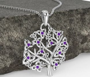Amethyst White Gold Celtic Tree of Life Trinity Knot Necklace