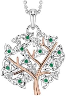 Emerald White Rose Gold Celtic Tree of Life Trinity Knot Necklace