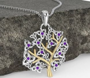 Amethyst White Yellow Gold Celtic Tree of Life Trinity Knot Necklace