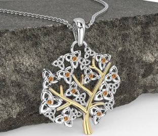 Citrine White Yellow Gold Celtic Tree of Life Trinity Knot Necklace