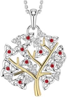 Ruby White Yellow Gold Celtic Tree of Life Trinity Knot Necklace