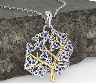 Sapphire White Yellow Gold Celtic Tree of Life Trinity Knot Necklace