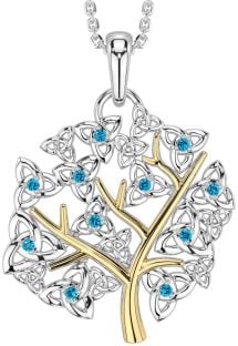 Topaz White Yellow Gold Celtic Tree of Life Trinity Knot Necklace