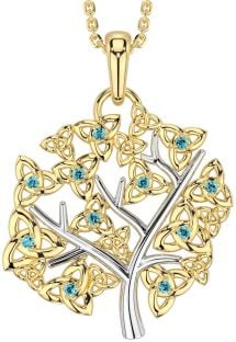 Aquamarine White Yellow Gold Celtic Tree of Life Trinity Knot Necklace