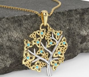 Aquamarine White Yellow Gold Celtic Tree of Life Trinity Knot Necklace