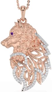 Diamond Amethyst Rose Gold Silver Celtic Wolf Necklace